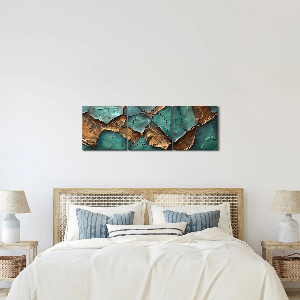 Obraz - Zeleno-zlatá maľba (s hodinami) (90x30 cm)