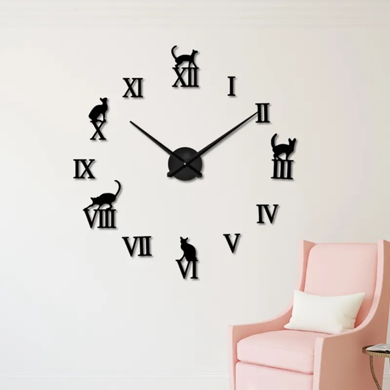 3D Nalepovacie hodiny DIY Clock Cat Time, čierne 70-120cm