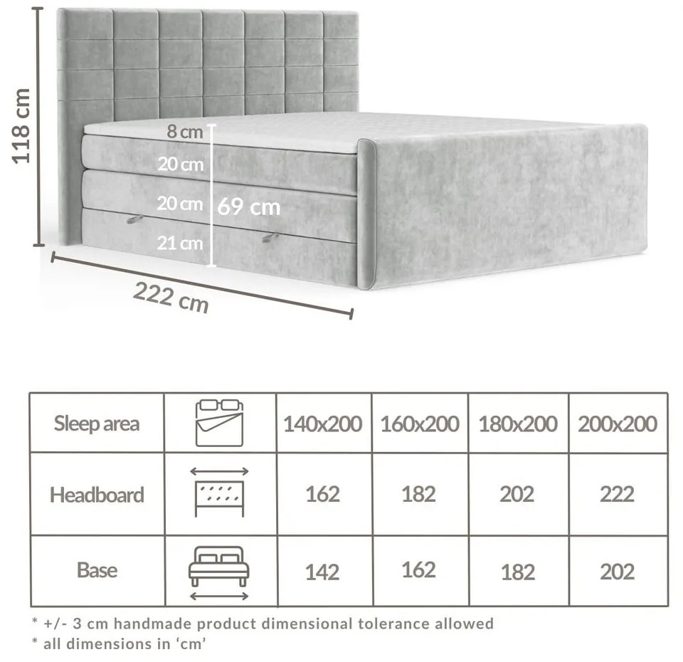 Svetlosivá boxspring posteľ s úložným priestorom 200x200 cm Ava – Maison de Rêve