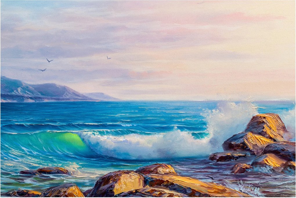 Obraz vĺn narážajúcich na útesy, olejomaľba (90x60 cm)