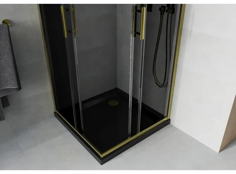 Mexen Rio, štvorcový sprchovací kút s posuvnými dverami 70(dvere) x 70(dvere) x 190 cm, 6mm šedé sklo, zlatý profil + čierna sprchová vanička SLIM, 860-070-070-50-40-4070G