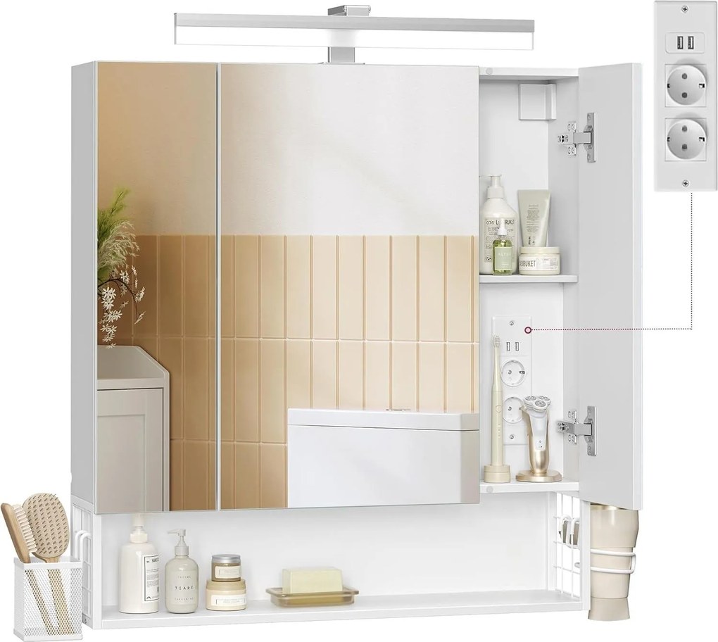 VASAGLE kúpeľňová skrinka s LED osvetlením a zásuvkami, 16,5 × 70 × 75 cm, v oblakovo bielej farbe