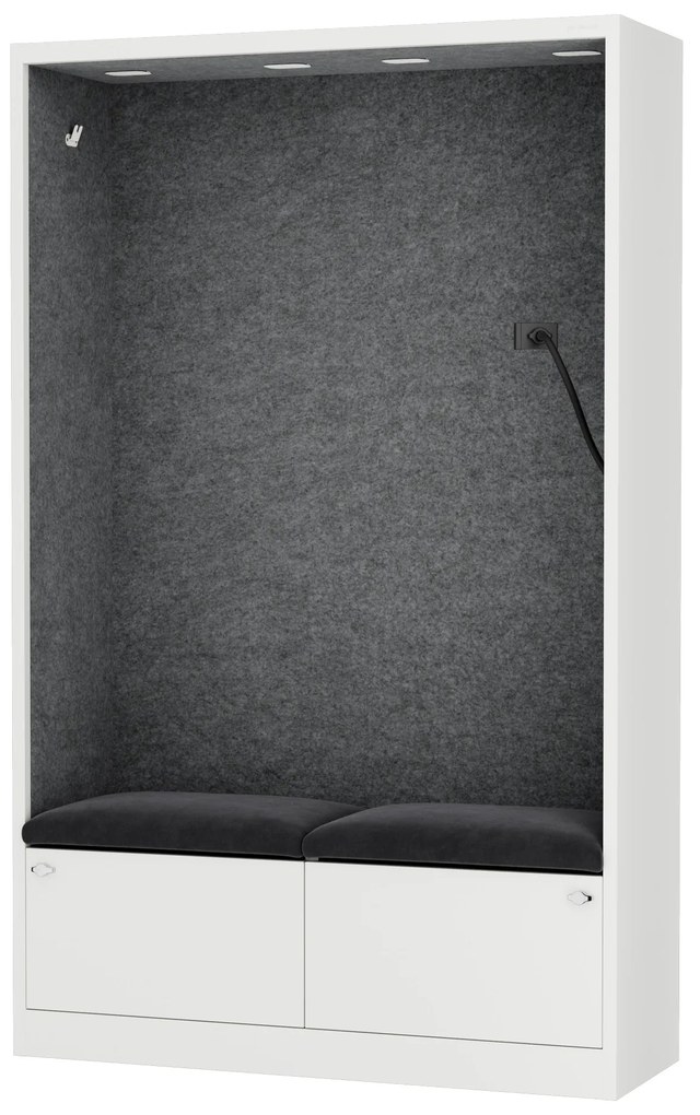 Kancelárska akustická kabína so sedadlom a portom USB-C, telo v biely / sedák tmavosivá v zelenej farbe, 1150 mm: SALLY MentalBox
