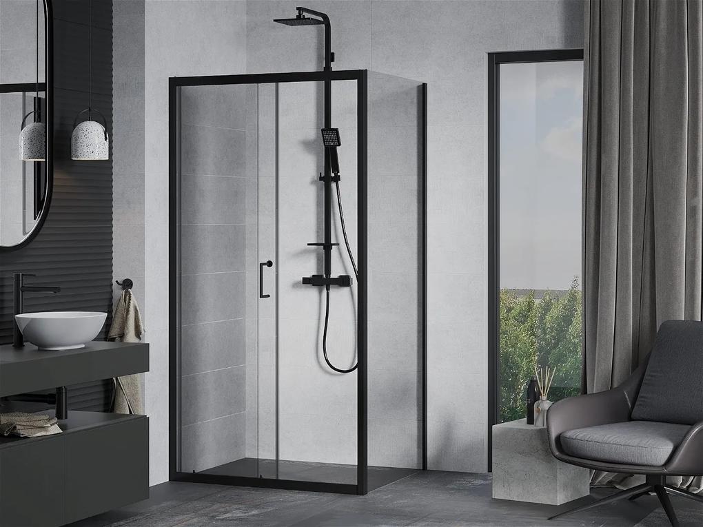 Mexen Apia sprchovací kút s posuvnými dverami 135 (dvere) x 100 (stena) cm, 5mm číre sklo, čierny profil + biela sprchová vanička SLIM, 840-135-100-70-00