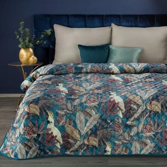 Kvalitná tyrkysová deka pokrytá potlačou exotických vtákov a kvetín 150 x 200 cm