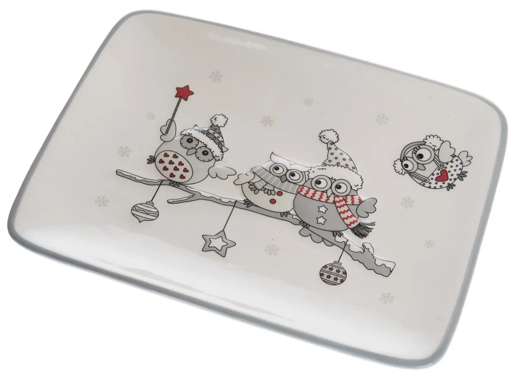 Keramický tanier Zimné sovičky, 15 x 20 cm
