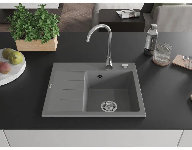 Mexen Ben, 1-komorový granitový drez 600x500x190 mm, pravý + chrómový sifón, šedá, 6523605000-71
