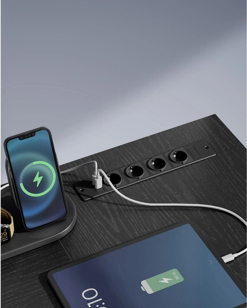 Písací a PC stôl v tvare písmena L so zásuvkami, rohový stôl s LED osvetlením, čierny