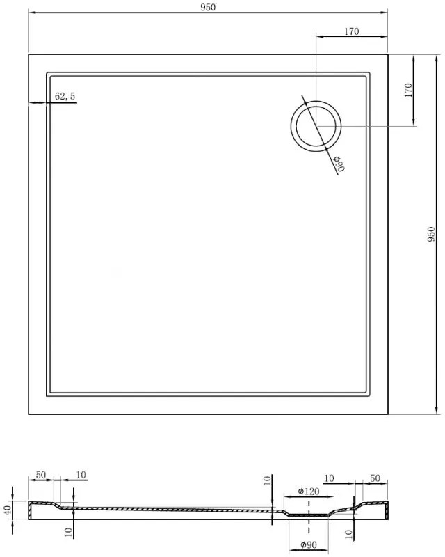 Mexen Flow, štvorcová sprchová vanička slim 95 x 95 cm, čierna matná, 46S709595