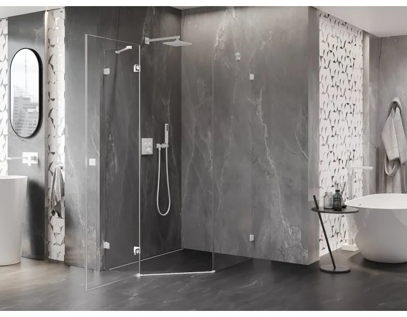Mexen Lunar, Päťuholníkový sprchový kút Mexen Lunar s výklopným ľavým oknom 80 x 100 cm, 8mm číre sklo, biely profil, 831-080L-100P-01-20-L