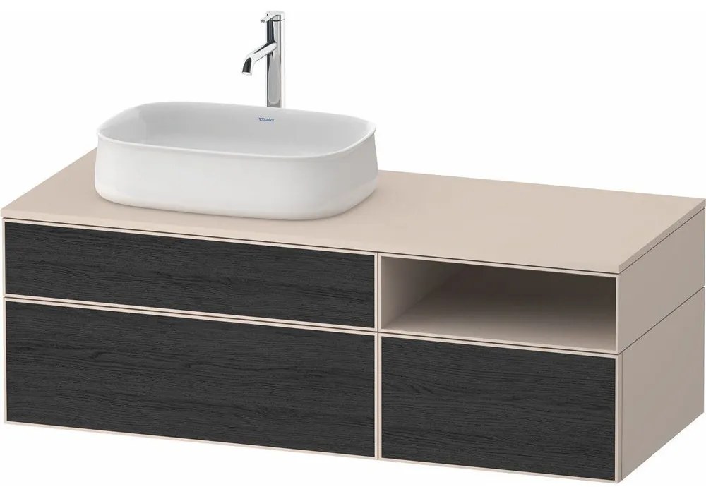 DURAVIT Zencha závesná skrinka pod umývadlo na dosku (umývadlo vľavo), 3 zásuvky + 1 otvorená priehradka, 1300 x 550 x 442 mm, dub čierny/taupe super matná, ZE4828016830000