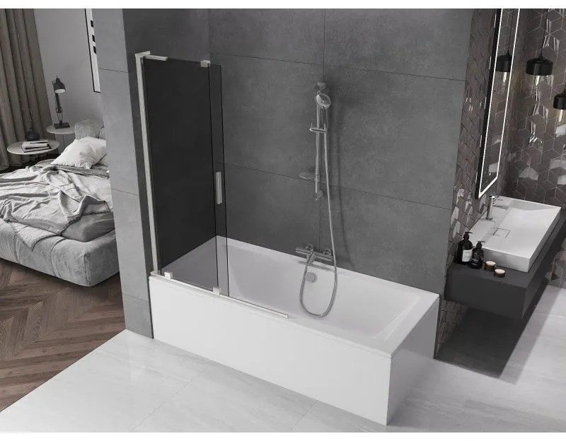 Mexen Velar L, 2-krídlová posuvná vaňová zástena 110 x 150 cm, 8mm šedé sklo, brúsená oceľ, 896-110-003-41-97