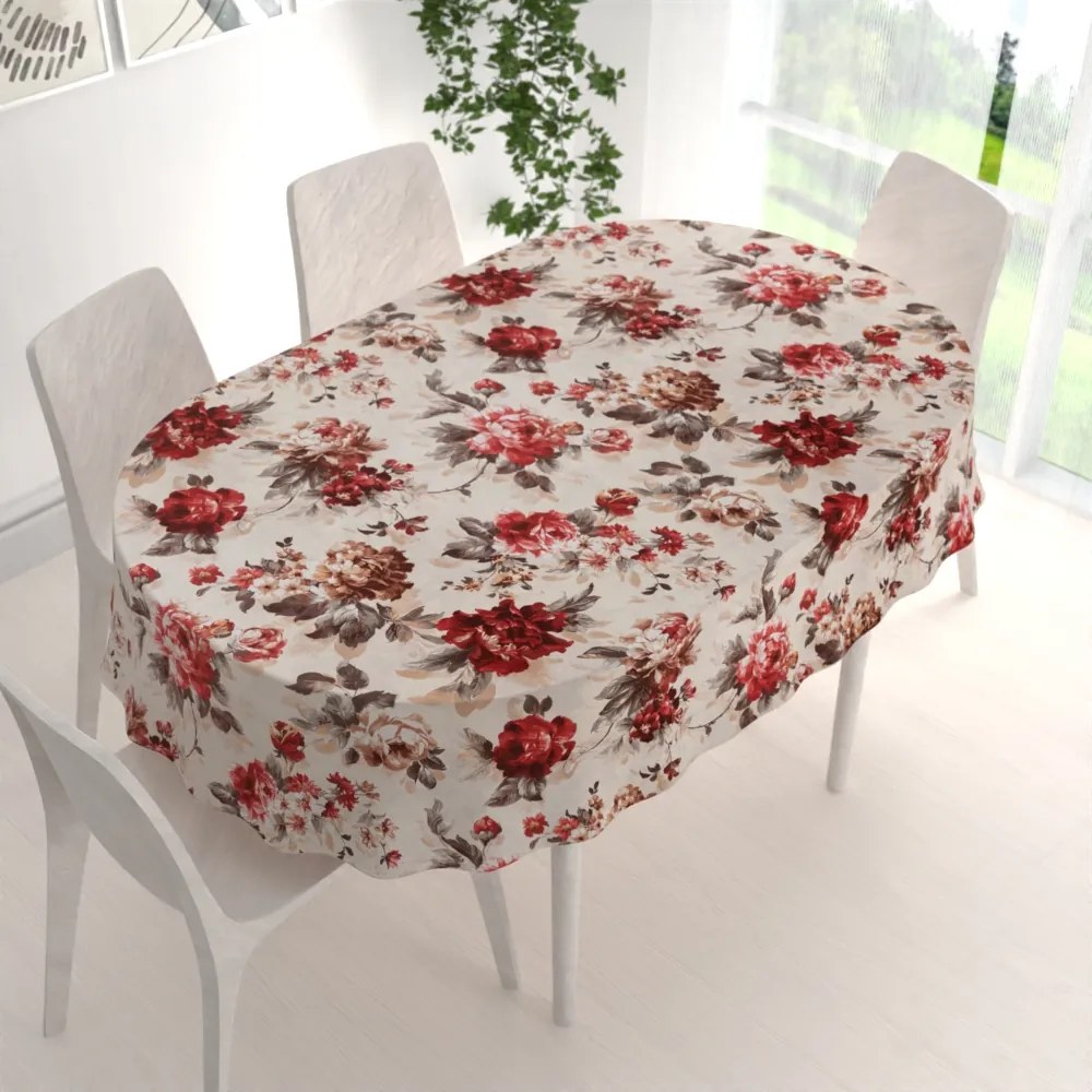 Biante Bavlnený oválny obrus Sandra SA-399 Červené pivonky na pieskovom 60x100 cm