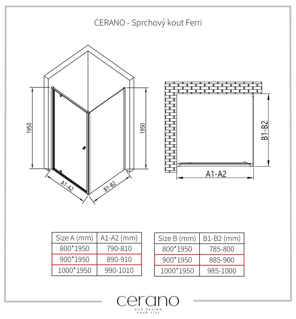 Cerano Ferri, krídlový sprchovací kút 90(dvere) x 90(stena) x 195 cm, 6mm číre sklo, chrómový profil, CER-CER-427456