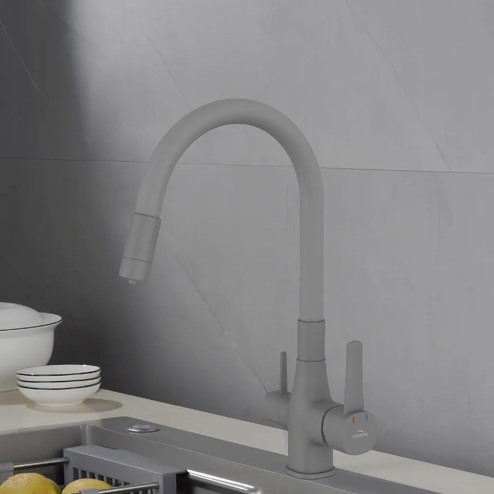 Invena Magic, stojanková drezová batéria s flexibilným ramenom a filtrom na pitnú vodu, šedá matná, INV-BZ-02-F05-V