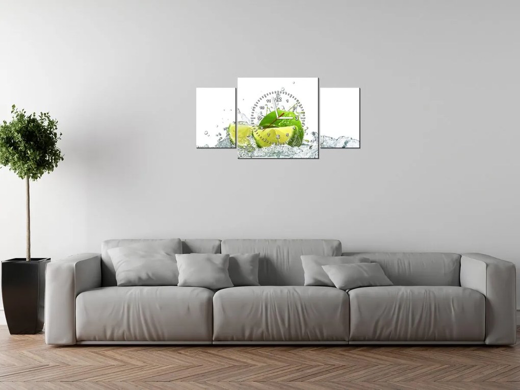 Gario Obraz s hodinami Zelená limetka - 3 dielny Rozmery: 30 x 90 cm