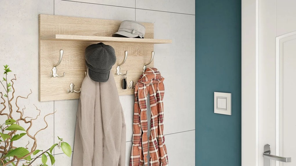 FINLO Dub sonoma / držiaky Saténový nikel - MODERNÝ NÁSTENNÝ VEŠIAK S POLICAMI DO PREDSIENE 70 cm