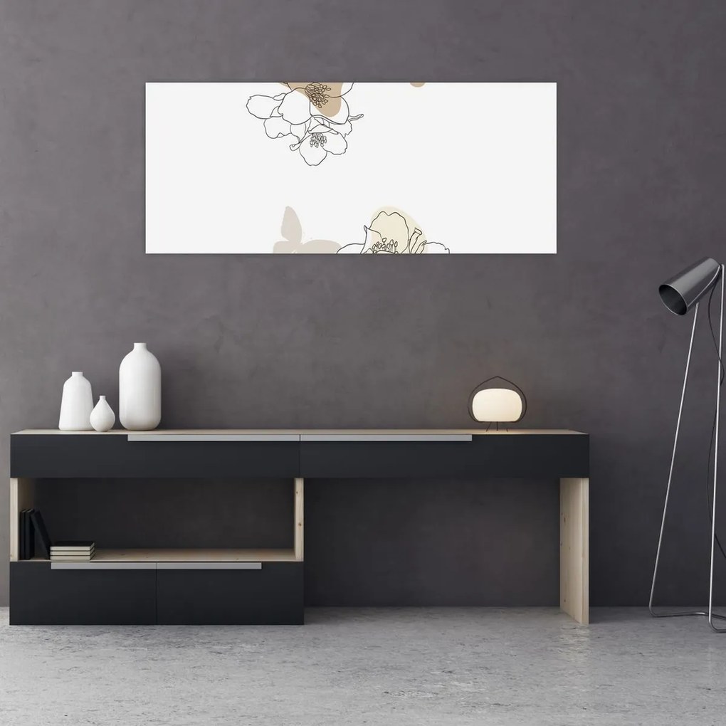 Obraz - Béžové kvety s motýľom N⁰2 (120x50 cm)