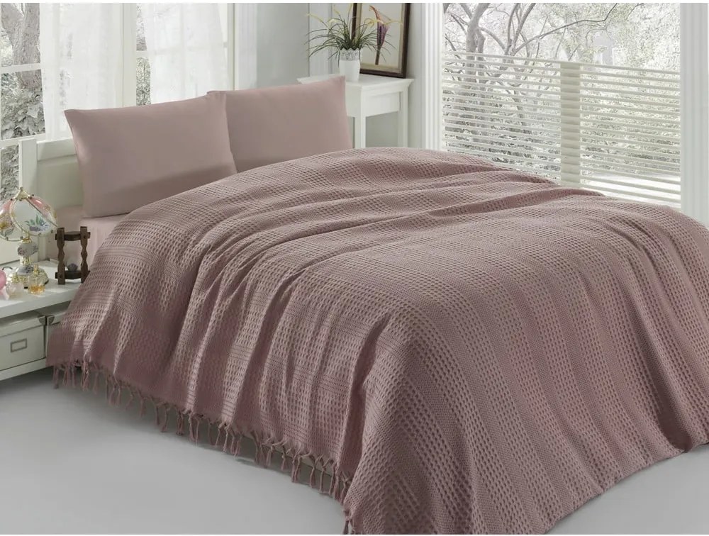 Hnedo-ružová ľahká prikrývka cez posteľ Pique, 220 x 240 cm