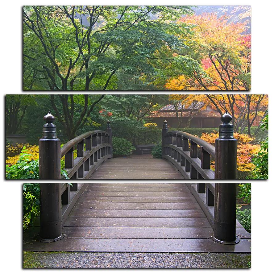 Obraz na plátne - Drevený most v jesennej záhrade - štvorec 3186D (105x105 cm)