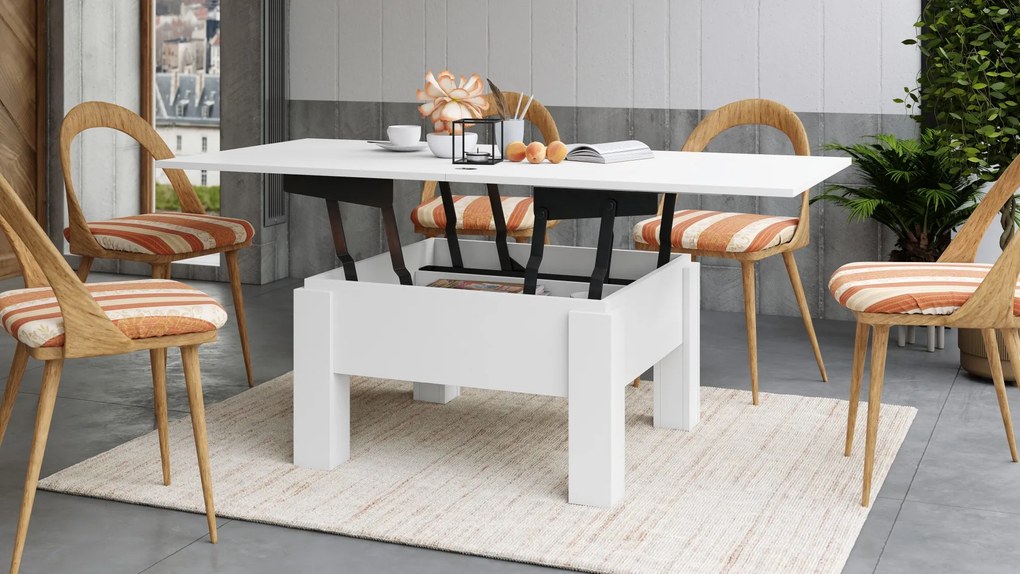 Mazzoni OSLO biely mat, rozkladací konferenčný stolík s výškovo nastaviteľnou stolovou doskou