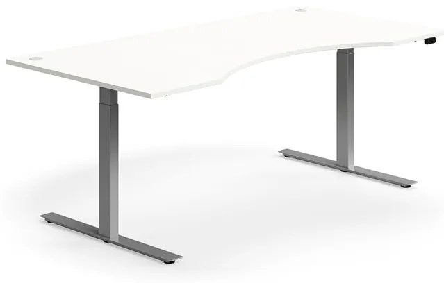 Výškovo nastaviteľný stôl FLEXUS, s výrezom, 2000x1000 mm, strieborný rám, biela