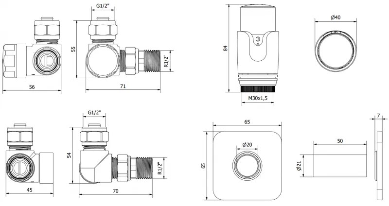 Mexen G00, axiálny ventil G1/2" s hranatými krytkami a termostatickou hlavicou M30x1,5 mm, chrómová, W903-900-909-01