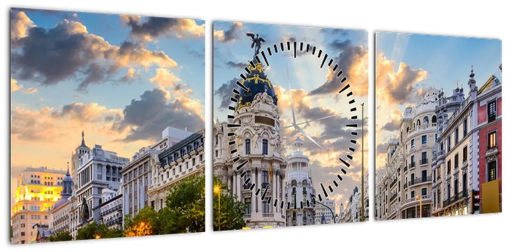 Obraz - Calle Gran Vía, Madrid, Španielsko (s hodinami) (90x30 cm)