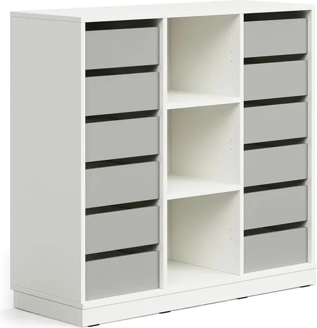 Úložná skrinka CASPER, 12 zásuviek, 3 priehradky, so soklom, biela/šedá
