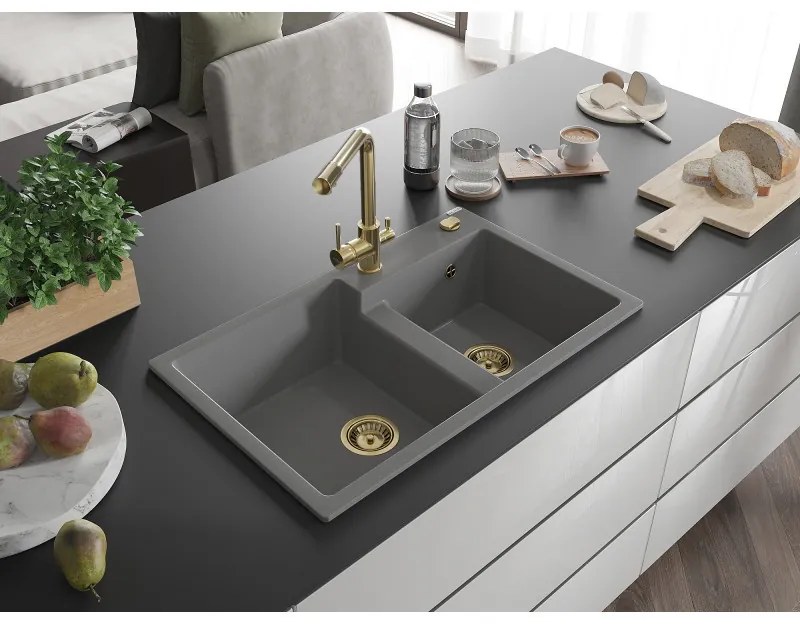 Mexen Tomas, granitový drez 800x500x190 mm, 2-komorový a zlatá batéria Duero, šedá, 6516-71-671600-50