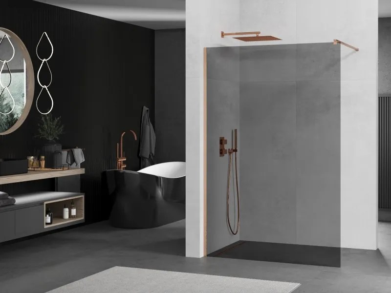 Mexen Kioto, sprchová zástena Walk-In 90 x 200 cm, 8mm šedé sklo, medený matný profil, 800-090-101-65-40