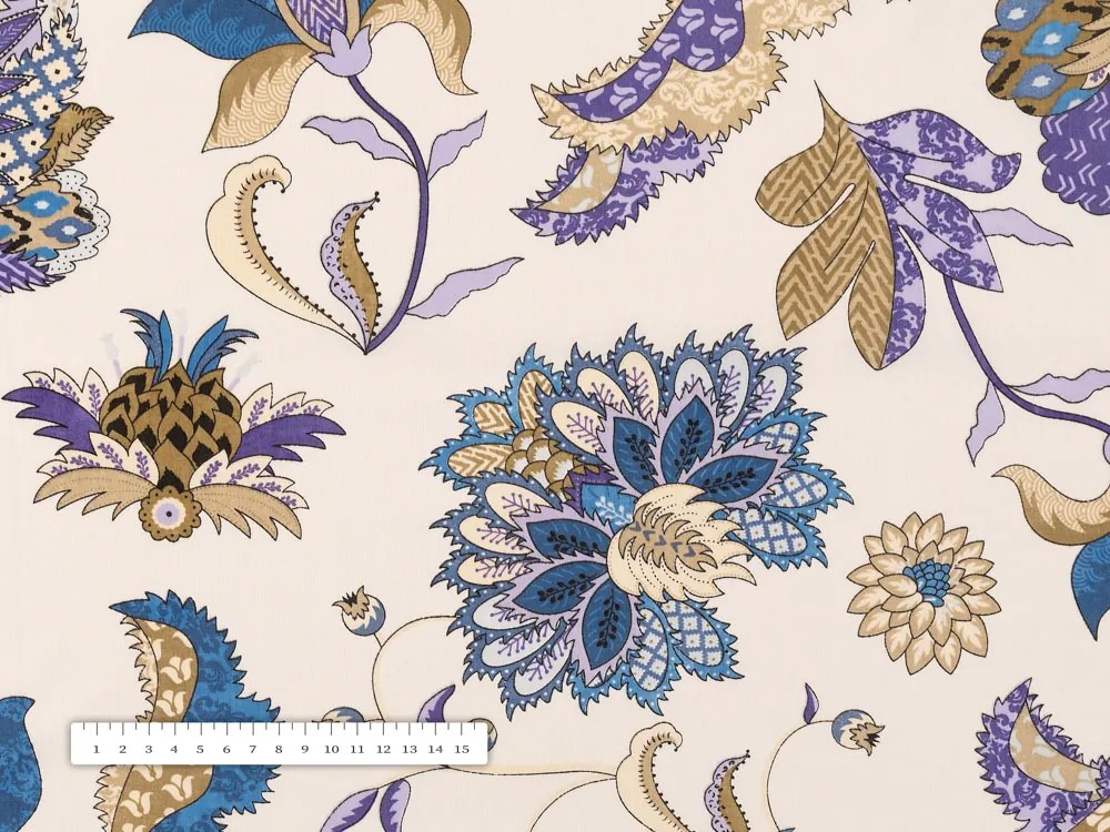 Biante Bavlnený záves Sandra SA-539 Modro-fialové orientálne kvety na svetlo béžovom 150x170 cm