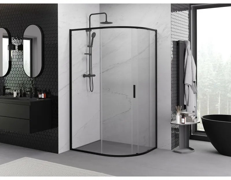 Mexen Exo, asymetrický sprchovací kút s posuvnými dverami 120 x 90 cm, 6mm číre sklo, čierny profil, 8131-120-090-70-00