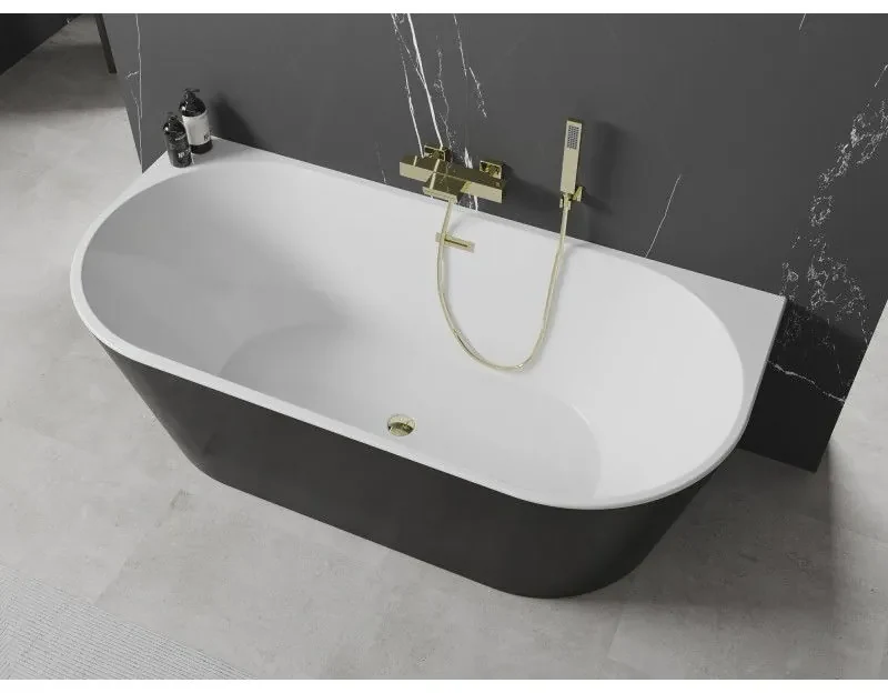 Mexen Oval, voľne stojaca nástenná vaňa 180 x 80 cm, biela-čierna, zlatý lesklý prepad, 52671808075-50