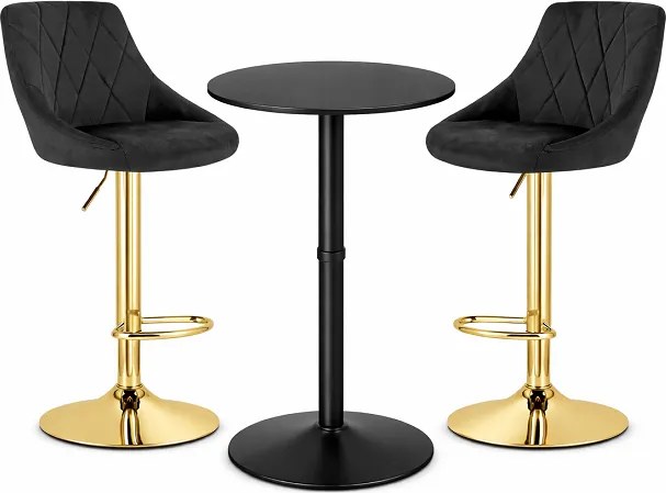 Barový set: Kast otočné barové stoličky čierna/zlatá (2ks) + okrúhly čierny barový stôl