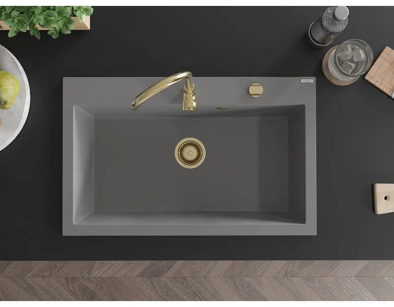 Mexen Elix, 1-korový granitový drez 800 x 500 mm, šedá, zlatý sifón, 6527801005-71-G