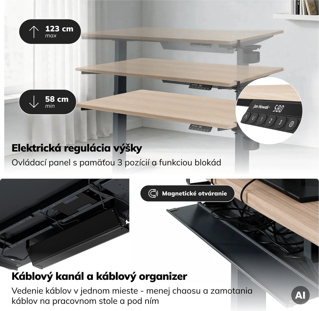 Elektrický stôl s reguláciou výšky ergonomický antracitový/dub sonoma,1200x600 mm: ARIA
