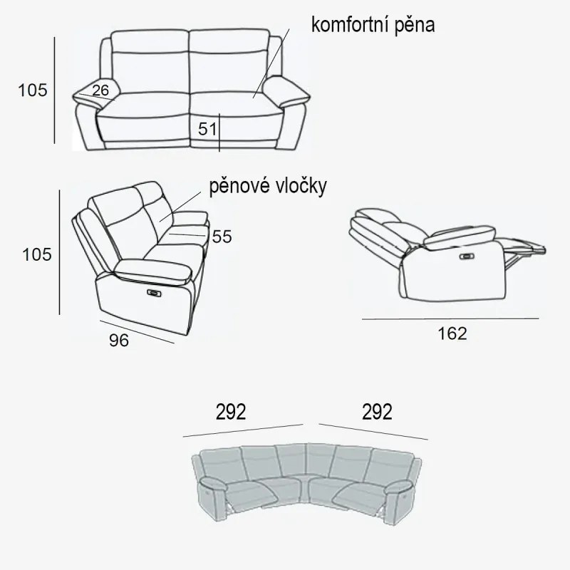Kožená sedacia súprava CONTINENTAL rohová s funkciou relax, elektrické, sivá (cenere 318)