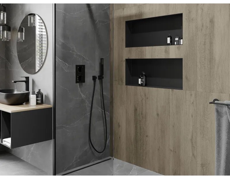 Mexen X-Wall-NR, polička na zapustenie pod obklad bez goliera 75 x 30 cm, čierna matná, 1971753010