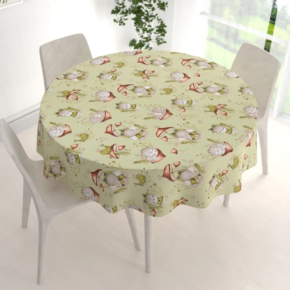 Biante Detský bavlnený okrúhly obrus Sandra SA-474 Žabky a zvieratká medzi hubami na zelenom Ø 40 cm
