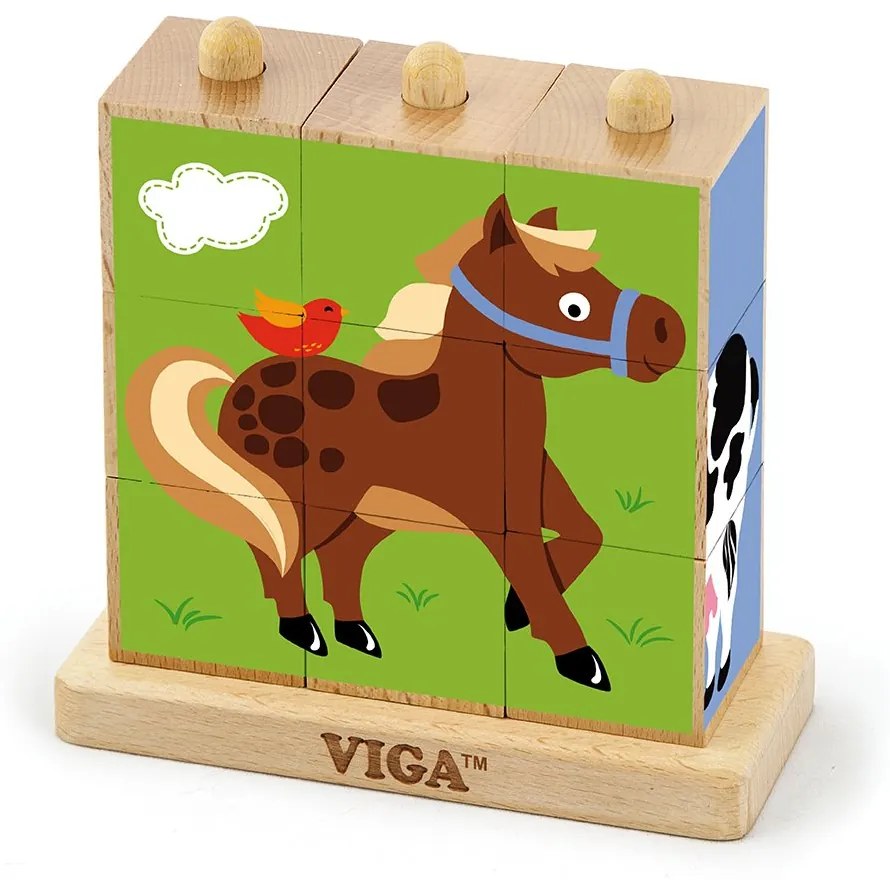 Drevené puzzle kocky na stojane Viga Farma
