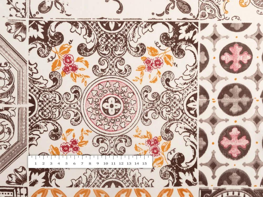 Biante Bavlnený štvorcový obrus Sandra SA-416 Hnedé dlaždice s ornamentami na krémovom 100x100 cm