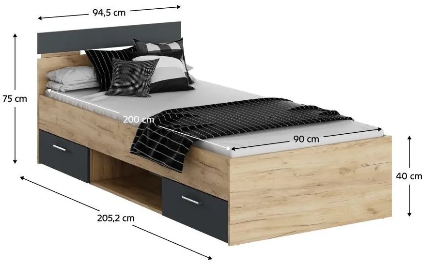 Jednolôžková posteľ 90 cm Michigin (dub artisan + grafit) (s úložným priestorom). Vlastná spoľahlivá doprava až k Vám domov. 1096895