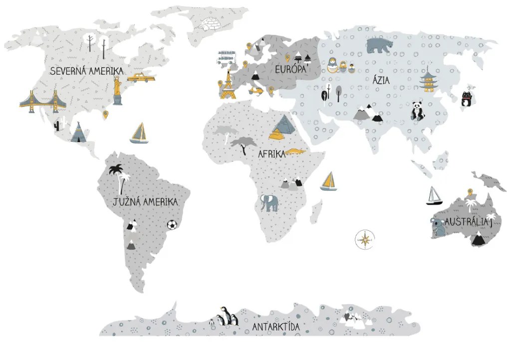 Detské nástenné samolepky MAPA SVETA šedé