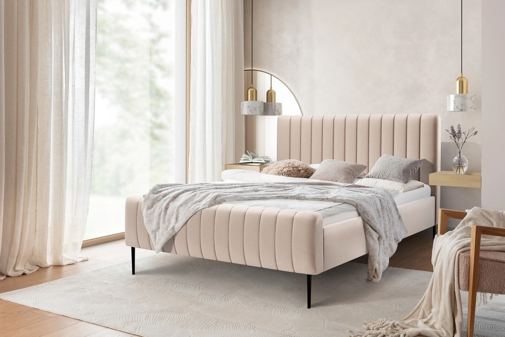 Čalúnená posteľ Livani 160x200 - béžový velvet Velluto 2 / čierne nohy