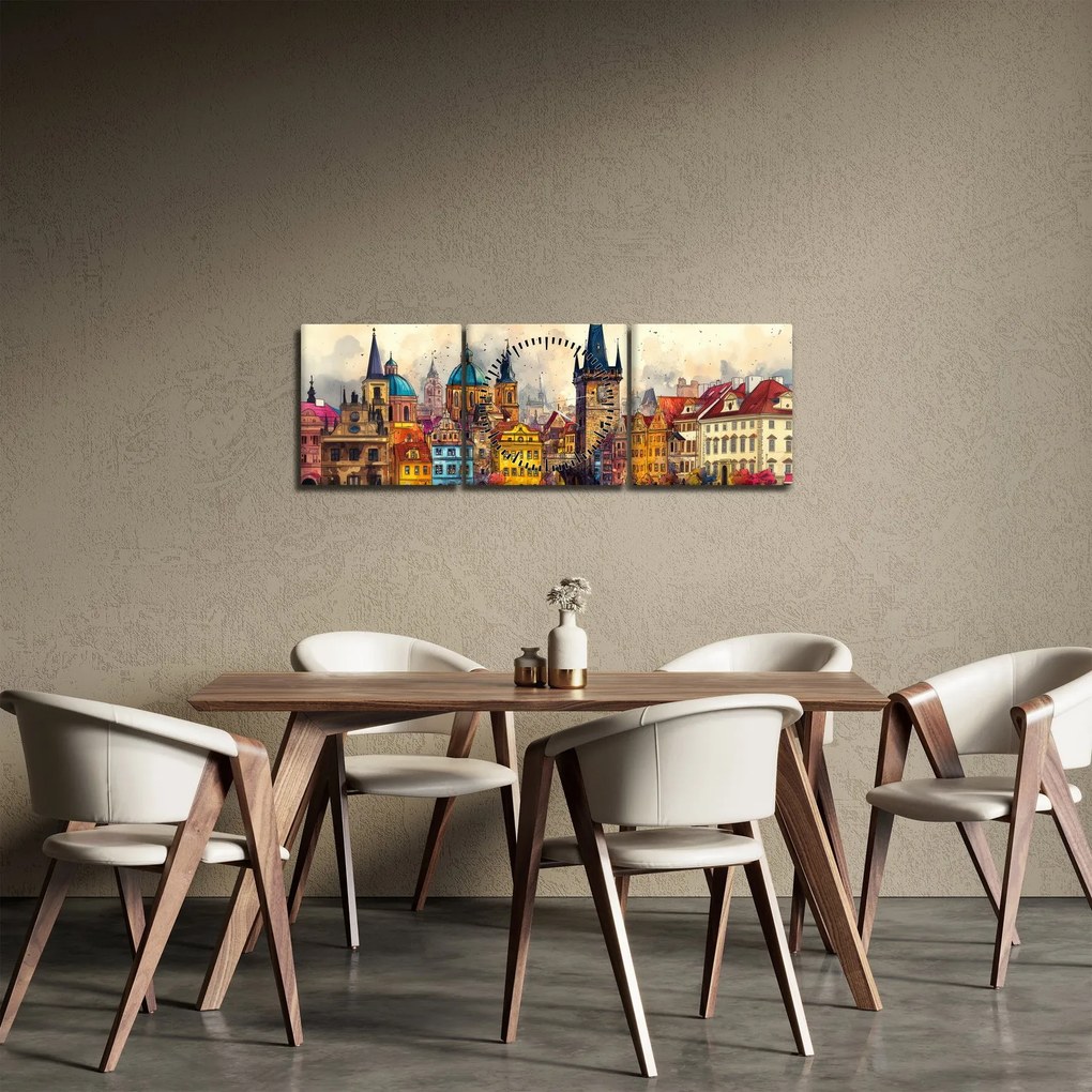 Obraz - Jeseň v maľovanom meste (s hodinami) (90x30 cm)