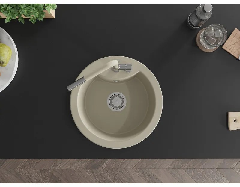 Mexen Diego, 1-komorový granitový drez 488x488x167 mm a drezová batéria Flora, béžová, 6512-69-670401-09