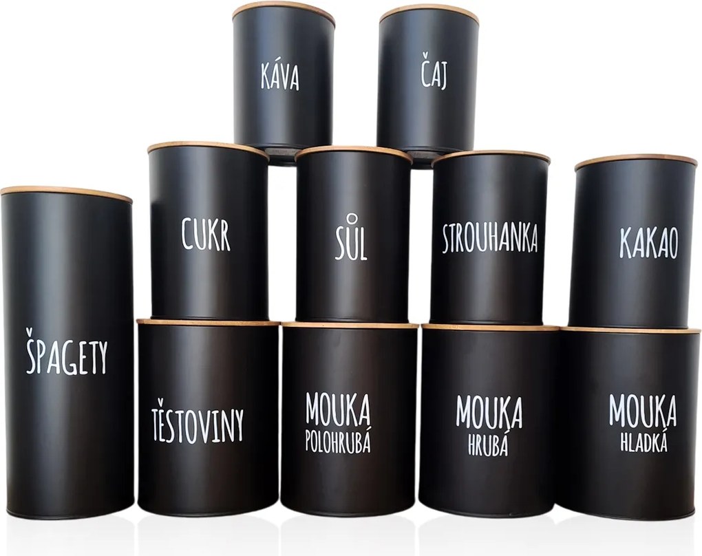 Orion 2. akosť - Dóza na potraviny, plechová, čierna, s bambusovým vekom, ŠPAGETY (zlá tlač)