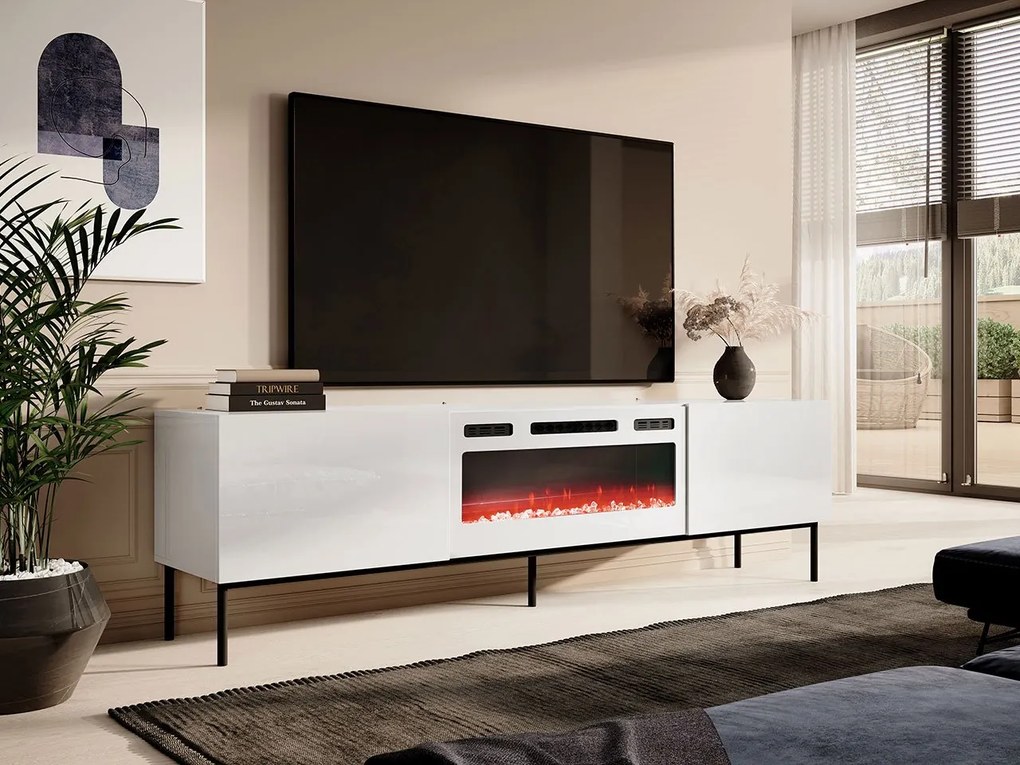 TV stolík Koda 200, Farby: čierna/lesk čierny + čierna, Krb: biely