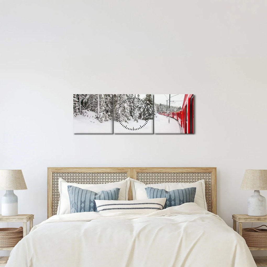 Obraz - Vlak v zasneženej krajine (s hodinami) (90x30 cm)